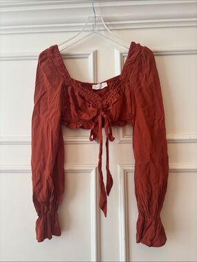 American Threads Rust Tie-Front Long-Sleeve Crop Top